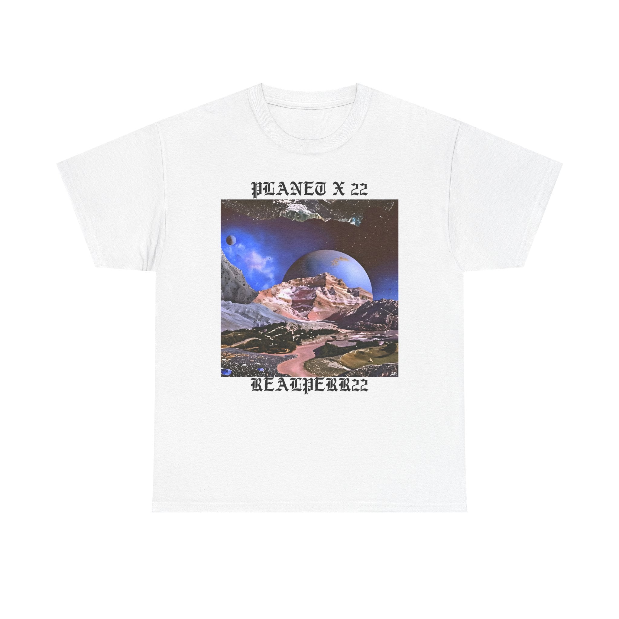 Planet X 22 Graphic Tee — Retro Space Collage T-Shirt ("PLANET X 22 / REALPERR22")