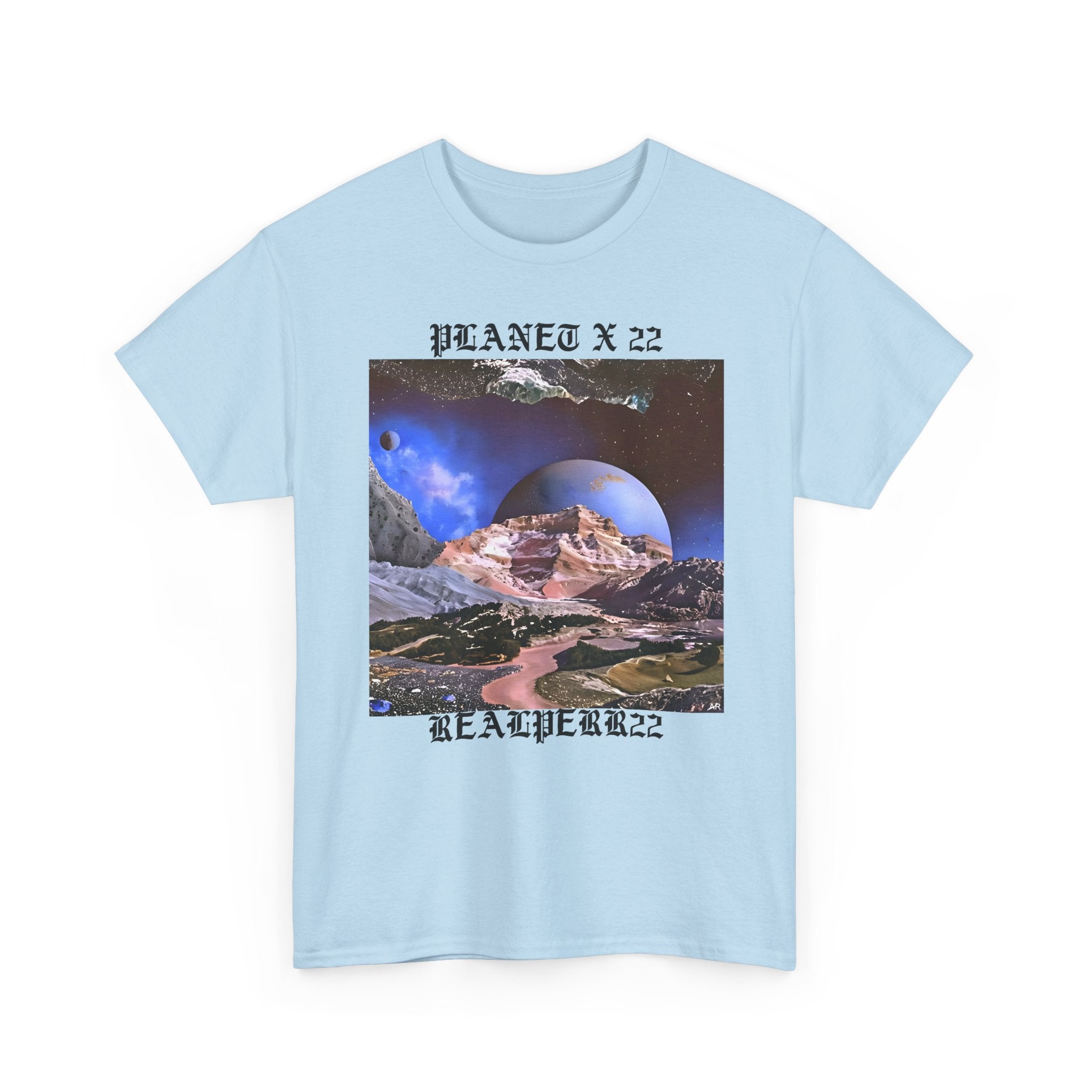 Planet X 22 Graphic Tee — Retro Space Collage T-Shirt ("PLANET X 22 / REALPERR22")
